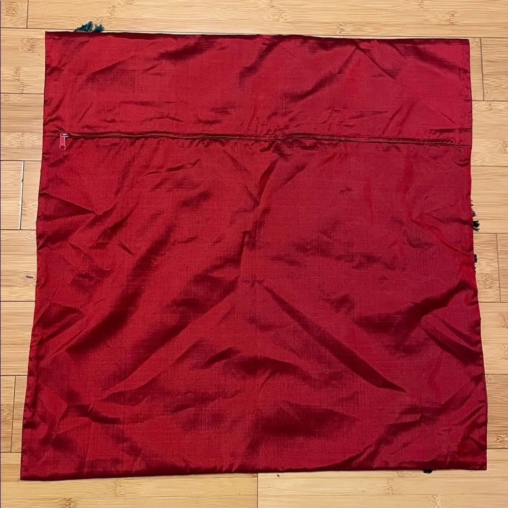 Thai Silk Village Cushion Covers 24” 24” Ribbon Fringe Pillowcases Set Green Red